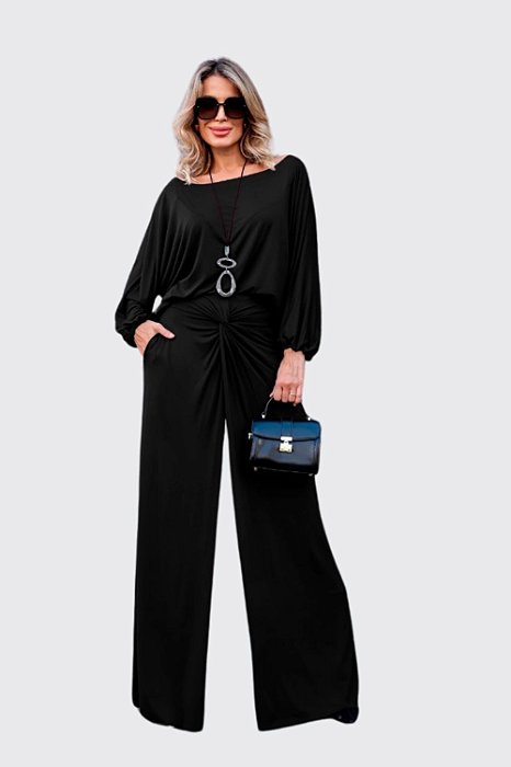 Conjunto Feminino com Pantalona e Blusa Manga Longa – Viscose com Elastano