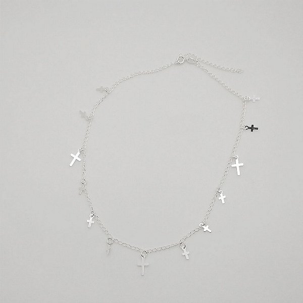 Gargantilha de prata 925 choker com pingentes cruz