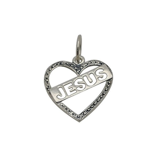 Pingente de prata 925 envelhecida coração vazado Jesus