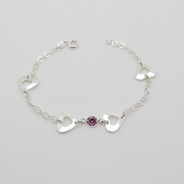 Pulseira de prata 925 coração vazado pedrinha rosa