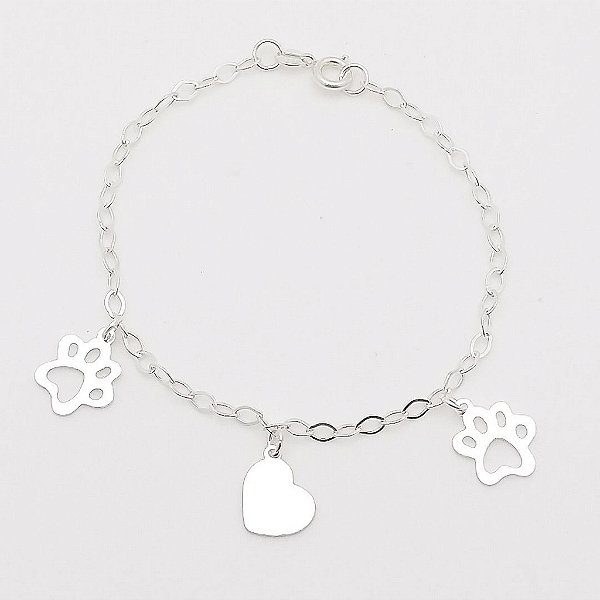 Pulseira de prata 925 corrente balão patinha coração