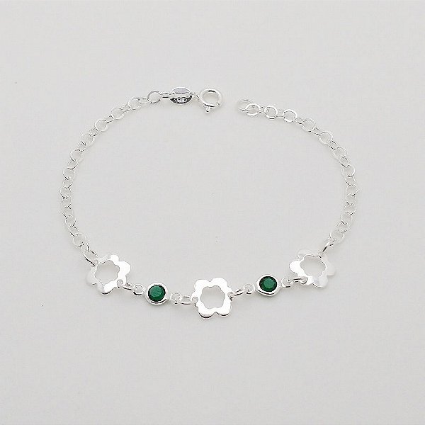 Pulseira de prata 925 flor vazada pedrinha verde