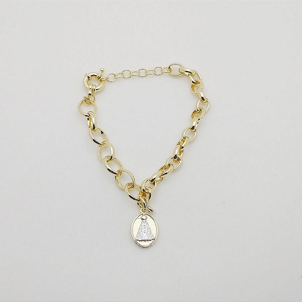 Pulseira folheado a ouro 18k corrente elo português com pingente Nossa Senhora Aparecida