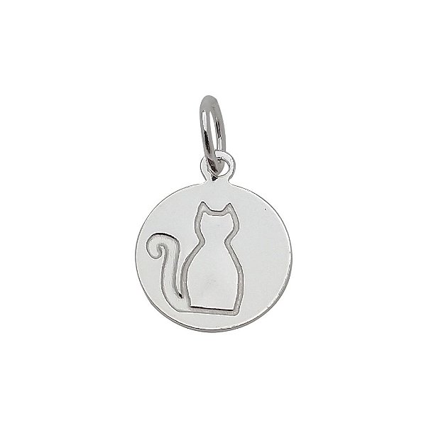 Pingente de prata 925 placa redonda gatinho
