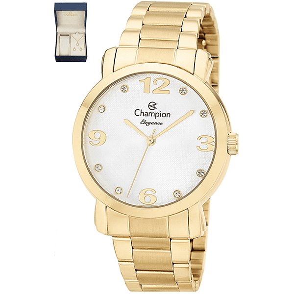 Relógio Champion feminino dourado com strass kit CN26279W