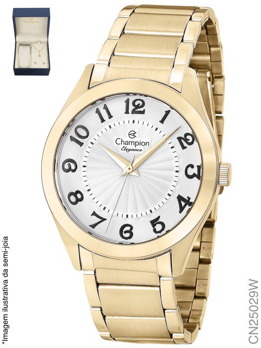Relógio Champion feminino dourado kit CN25029W