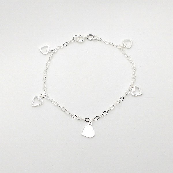 Pulseira de prata 925 coração vazado/cheio