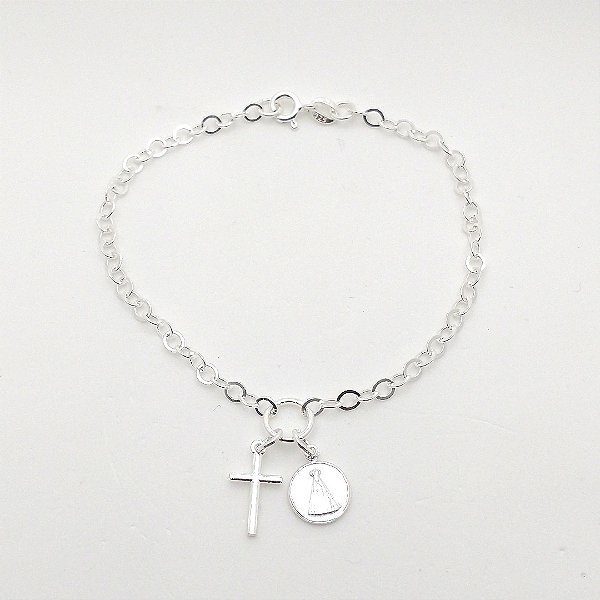 Pulseira de prata 925 cruz/medalha Nossa Senhora