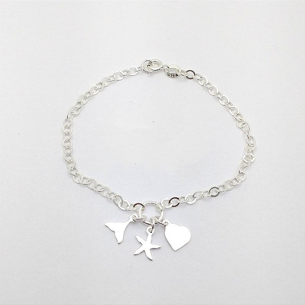 Pulseira de prata 925 coração, cauda de sereia e estrela do mar