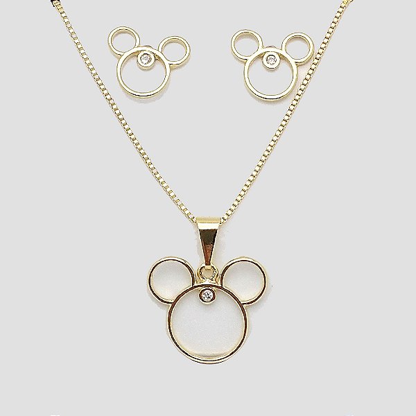 Conjunto folheado a ouro 18k Mickey vazado com zircônia pingente 2mm