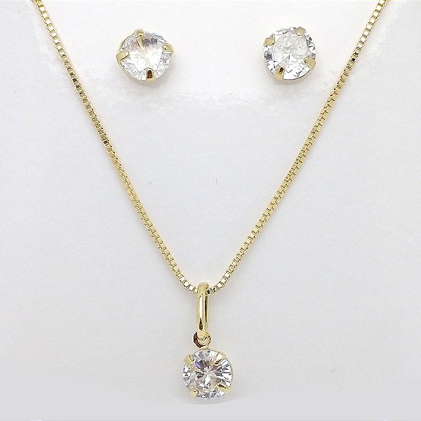 Conjunto folheado a ouro 18k ponto de luz zircônia