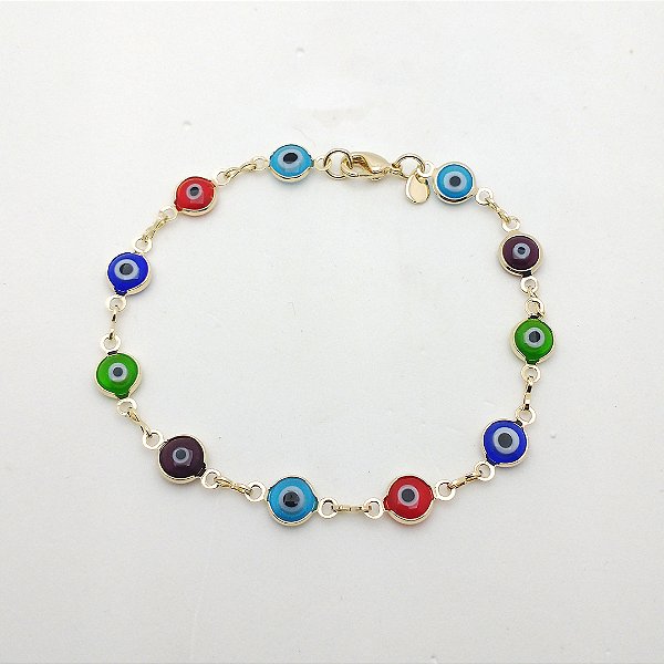 Pulseira folheado a ouro 18k olho grego coloridos