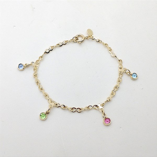 Pulseira folheado a ouro 18k infantil pedrinhas coloridas