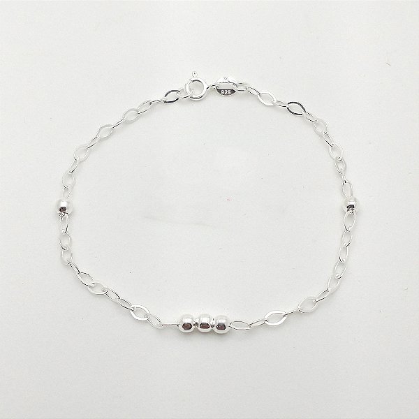 Pulseira de prata 925 corrente elos oval três bolinhas