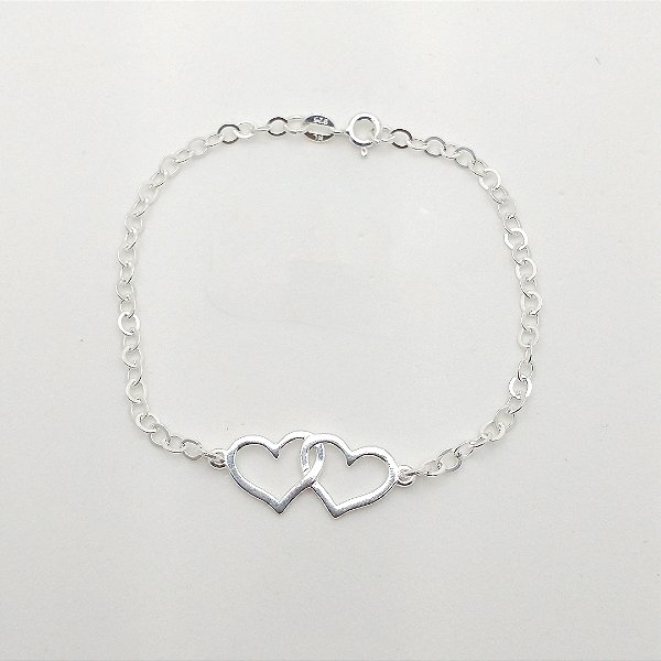 Pulseira de prata 925 corrente elos redondo dois corações