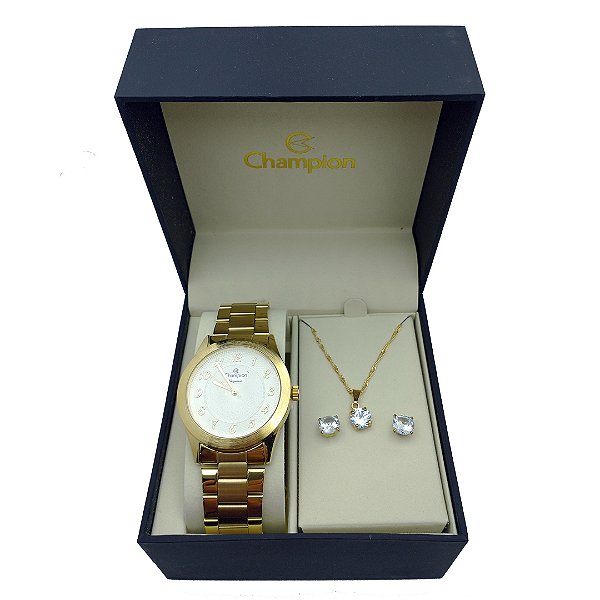 Kit Relógio Champiom Elegance feminino dourado CN26484W