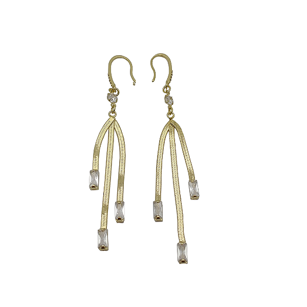 Brincos Gancho Banhado a Ouro 18k Corrente 3 Lâmina Pedra Zircônia Cristal