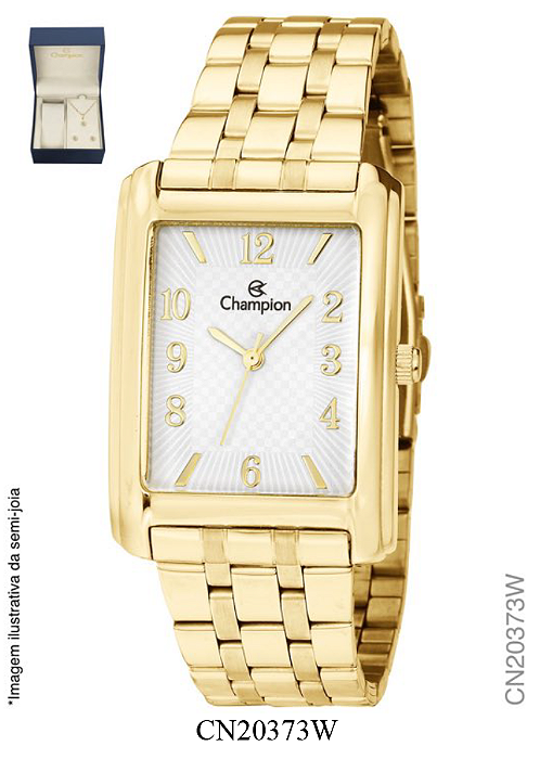 Relógio Champion Feminino Dourado Quadrado CN20373W + Kit Colar e Brinco