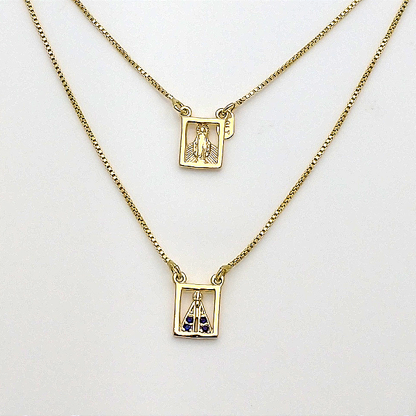 Escapulário Banhado a Ouro 18k Nossa Senhora Aparecida e Nossa Senhora das Graças com Pedra Zircônia Azul