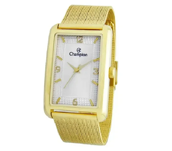 Relógio Feminino Champion Dourado Retangular Grande Pulseira Aço CN21309H