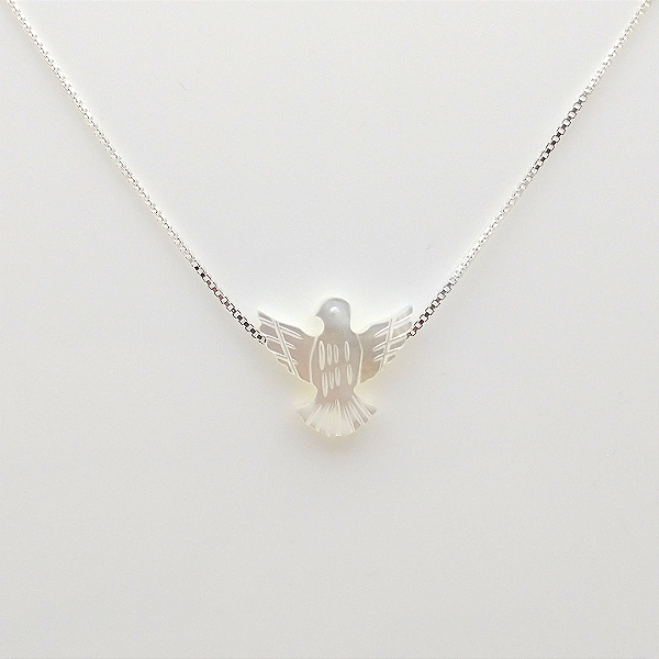 Gargantilha de Prata 925 com Madre Pérola e Espírito Santo 12x14mm - Corrente Veneziana 45cm