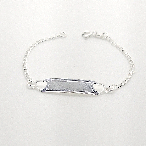 Pulseira Infantil de Prata 925 Plaquinha 32x6mm com Dois Corações - 15cm
