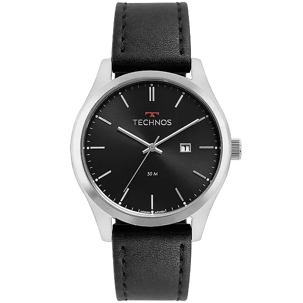 Relógio Technos Masculino Steel Prata 2115MSGS/0P Couro Preto