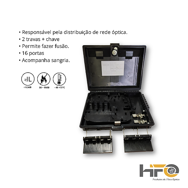 CTO Caixa de Terminação Óptica FTTH 2 Travas importada com chaves 16 Portas Vazia- HFO