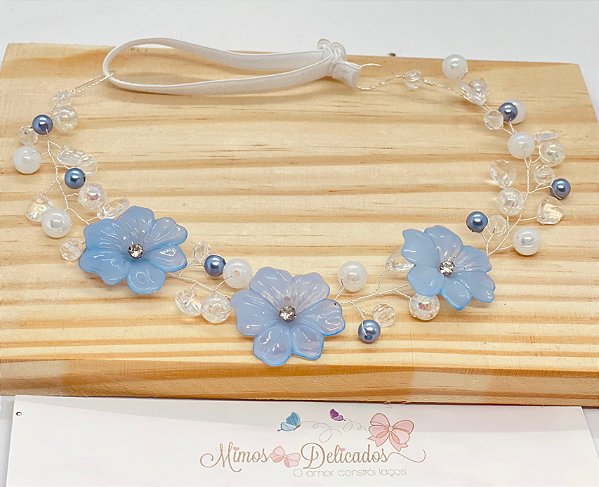 Tiara Flores Azul Com Branco Delicada