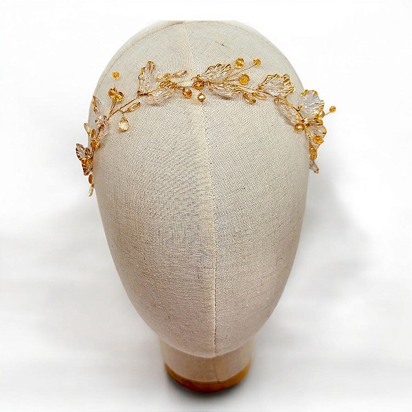 Tiara Cristal folhas Dourada