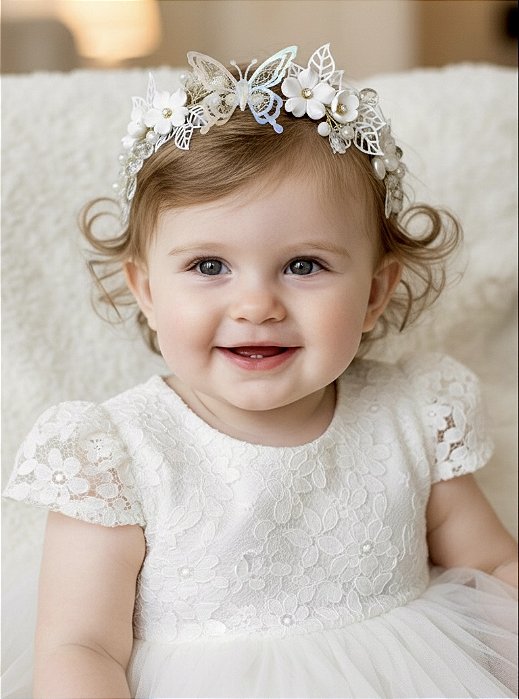 Tiara Batizado Flores e Borboleta