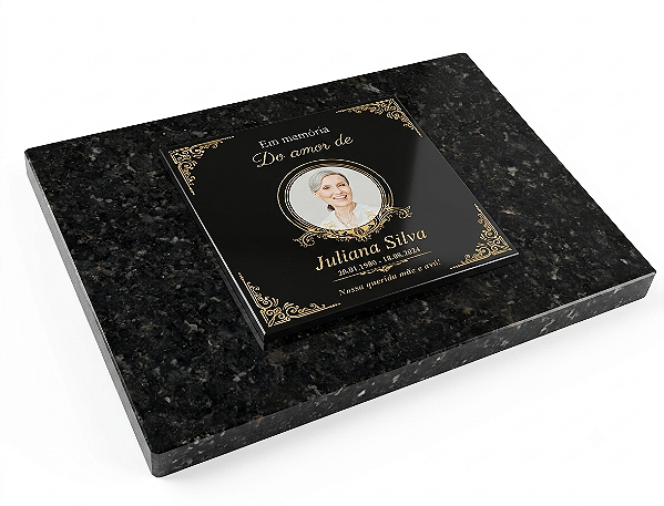 Lápide Personalizada para Túmulo com Granito preto e porcelana 20x20cm