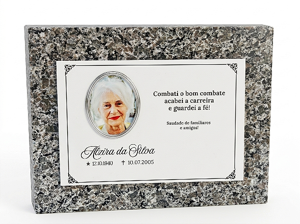 Lápide Personalizada para Túmulo com granito cor Cinza Ocre e porcelana 20x30cm