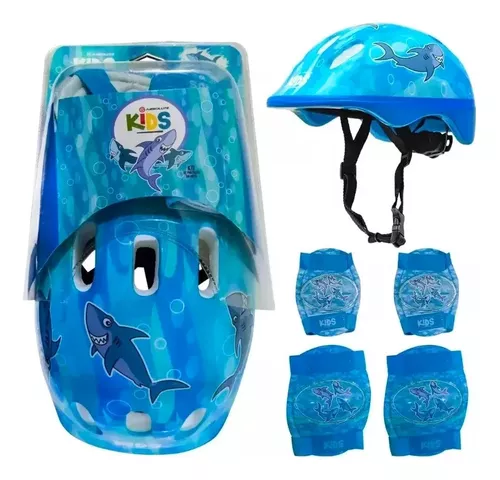 KIT PROTEÇÃO ABSOLUTE KIDS SHARK AZUL - CAPACETE, JOELHEIRA, COTOVELEIRA (02 A 08 ANOS)
