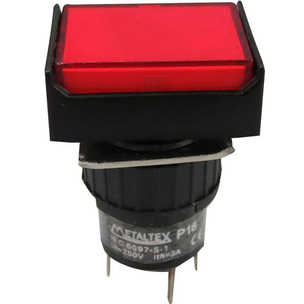 P16-BL7-R1 BOTÃO PULSADOR ILUMINADO 16MM RETANGULAR SEM RETENÇÃO VERMELHO 24V 1 CONTATO REVERSÍVEL METALTEX