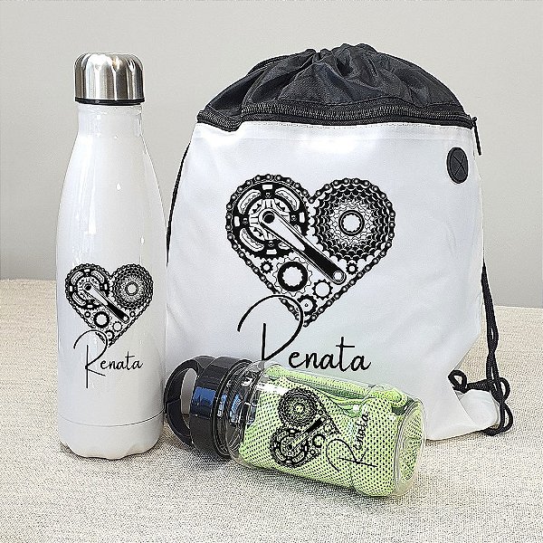 Kit Esportivo Personalizado | Garrafa Térmica + Mochila Saco + Toalha Fitness c/ Garrafa Plástica