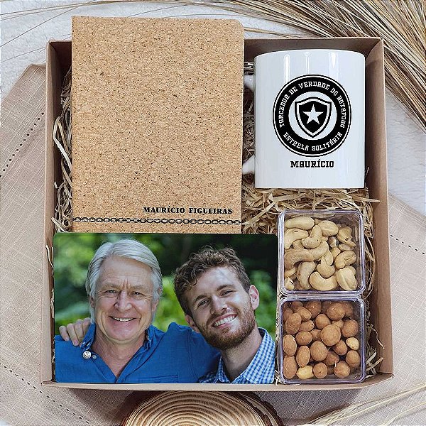 Kit Personalizado Caneca + Porta-Retrato de Vidro + Moleskine de Cortiça