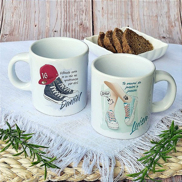 Mesa Posta para Casal  | Kit de Casal Personalizado de Caneca de Café Espresso + Jogo Americano