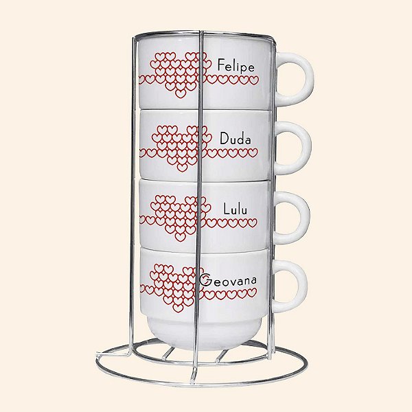 Torre de Xícaras Personalizada com Suporte – Kit Café 2 ou 4 Peças