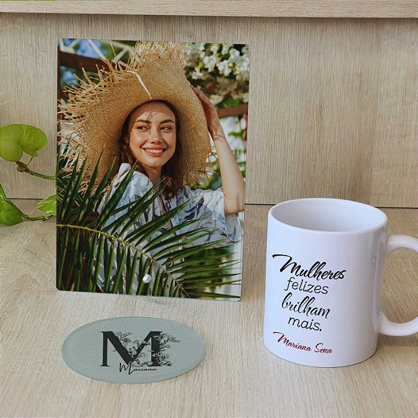 Kit Personalizado | Porta-Retrato de Vidro Personalizado com Foto Estampada no Vidro + Caneca Personalizada + Porta-Copos de Vidro Personalizado