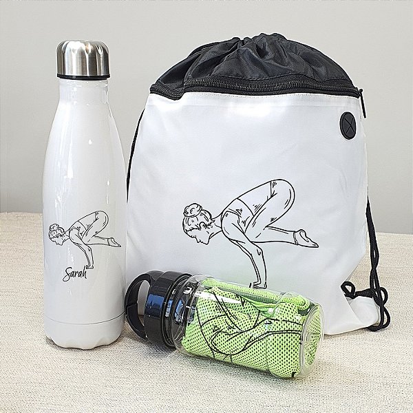 Kit Esportivo Personalizado | Mochila Saco Personalizada + Garrafa Térmica + Toalha Fitness Personalizada