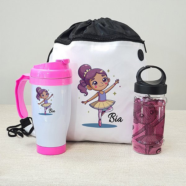 KIT ESPORTIVO INFANTIL PERSONALIZADO | MOCHILA SACO + COPO DE VIAGEM + TOALHA DRY FIT
