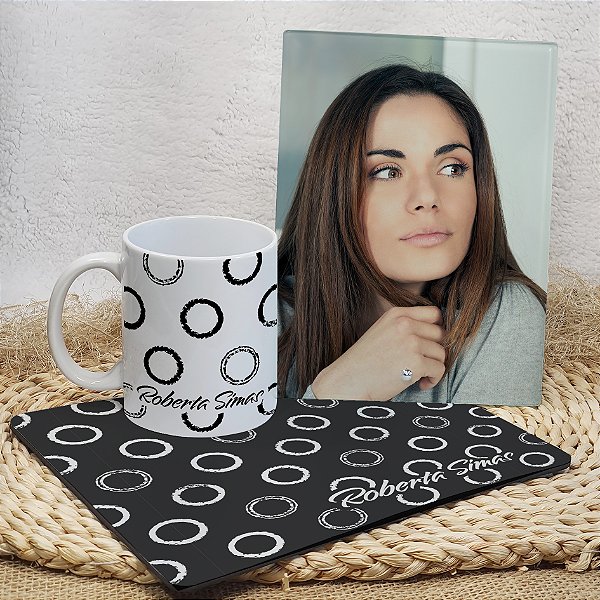 KIT DE ESCRITÓRIO PERSONALIZADO | CANECA PERSONALIZADA + PORTA-RETRATO PERSONALIZADO + MOUSE PAD PERSONALIZADO