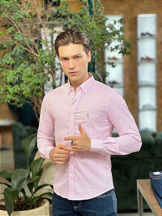 Camisa RL Manga Longa Algodão Micro Xadrez Rosa e Branco.