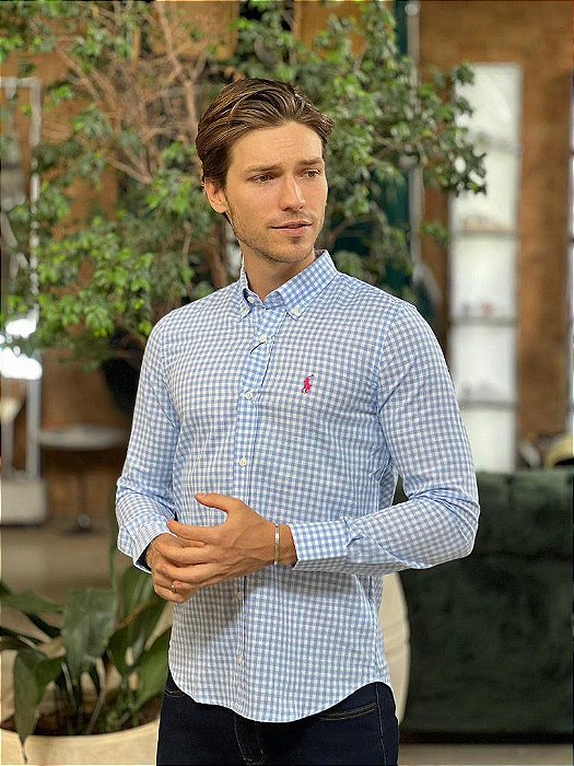 Camisa Tommy Hilfiger Masculina Xadrez Gingham Branca/Azul Claro 