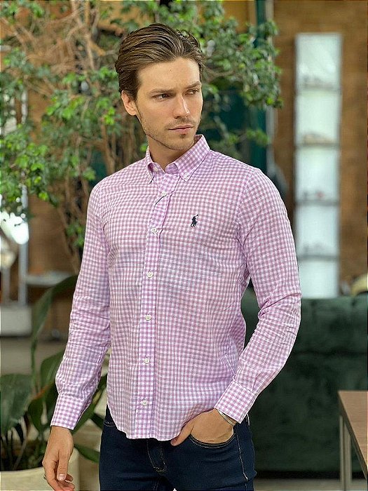 Camisa RL Manga Longa Algodão Xadrez Rosa e Branco - New Man Store