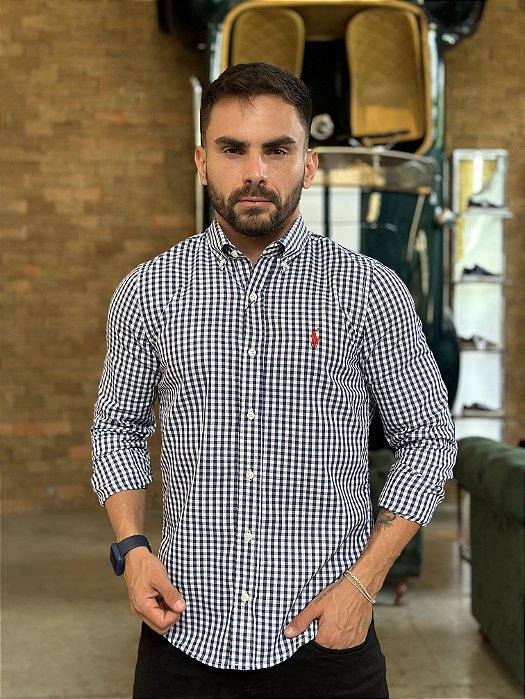 Camisa RL Manga Longa Algodão Xadrez Azul e Branco