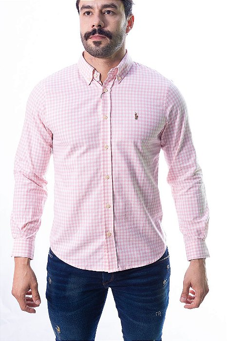 Camisa RL Manga Longa Oxford Xadrez Rosa Claro