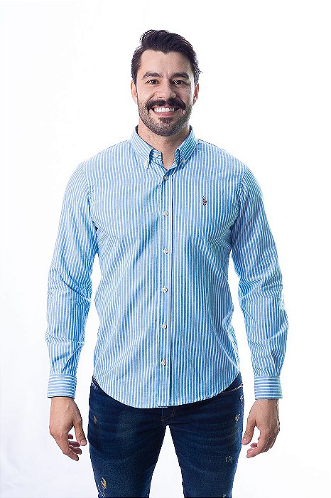 Camisa RL Manga Longa Oxford Listrada Azul e Branco