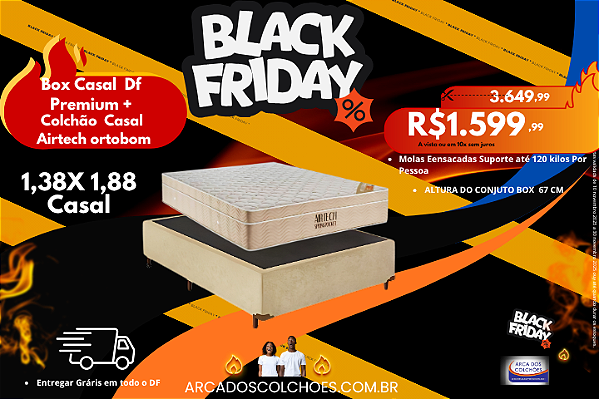 Conjunto box casal 1,38x1,88 colchão airtech springpocket ortobom + base box df premium